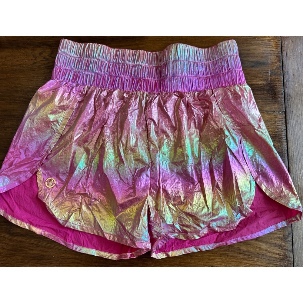 Simply Southern Womens Metallic Pink Iridescent Smocked Running Shorts Large